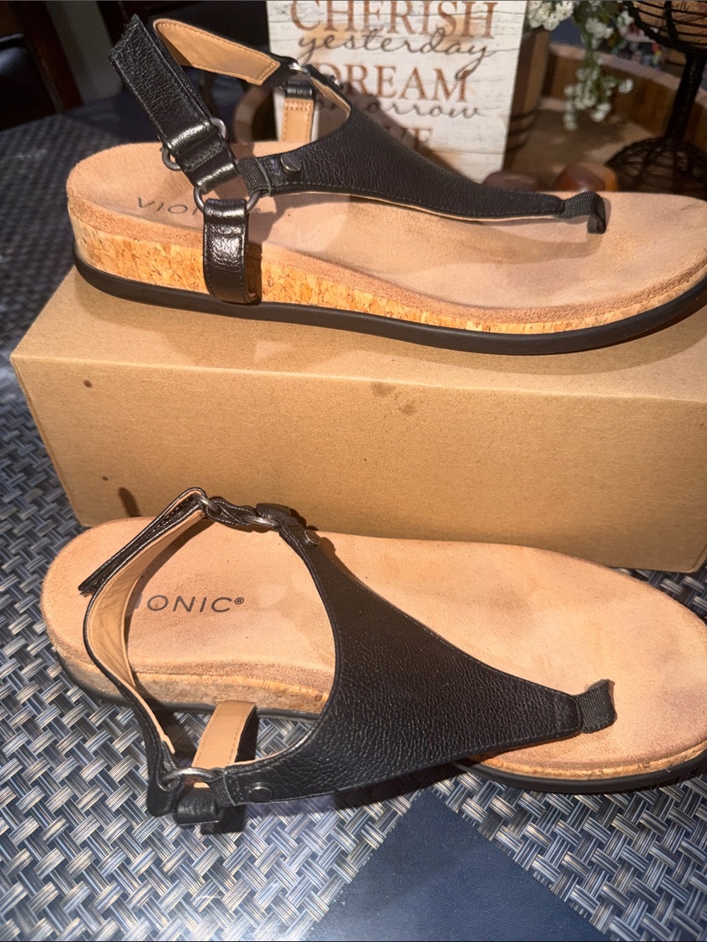 Vionic Black Leather Cork-Platform T-Strap Sandals